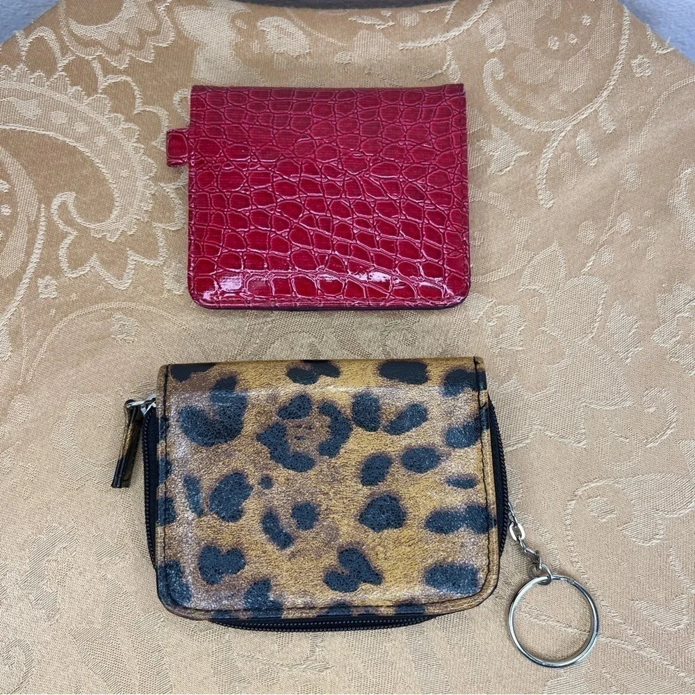 SET OF TWO MINI WALLETS RED FAUX CROC LEOPARD RETRO PINUP ROCKABILLY TRAVEL